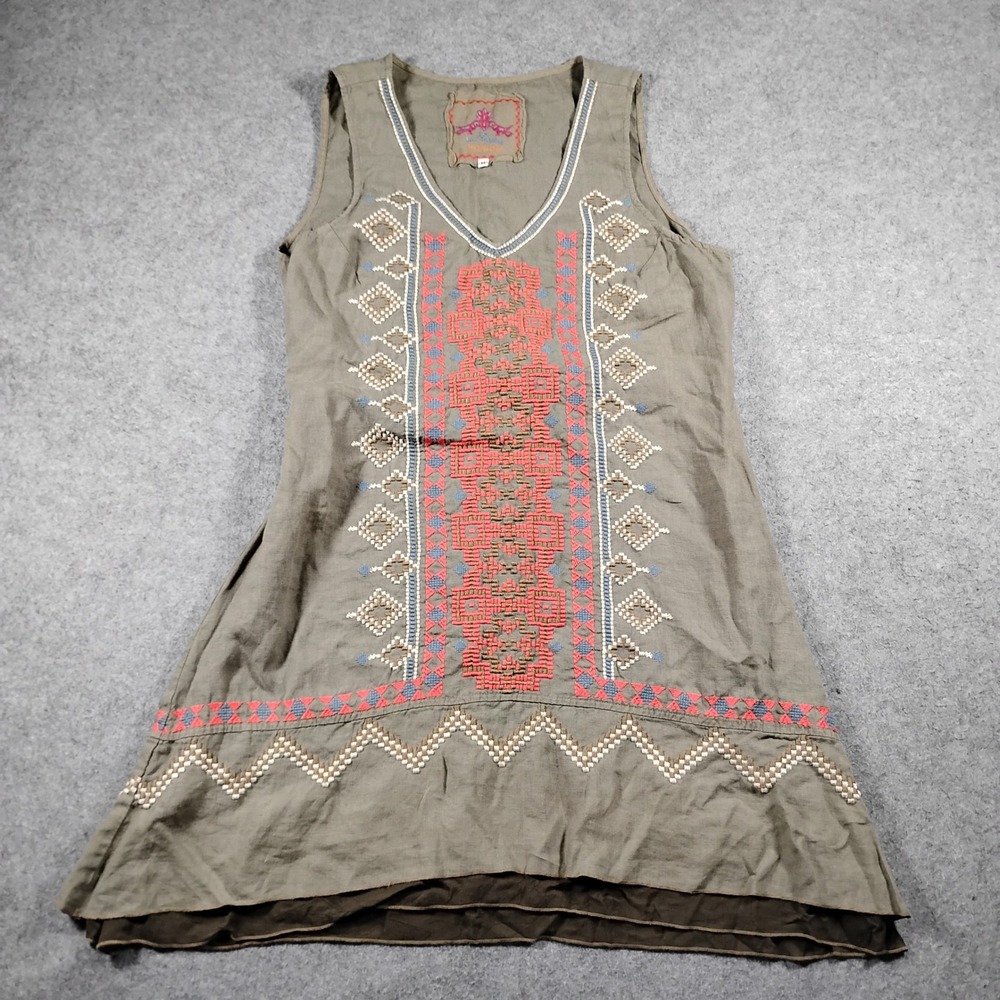 JW Los Angeles Johnny Was Embroidered 100% Linen Tunic Dress Olive Green Size M